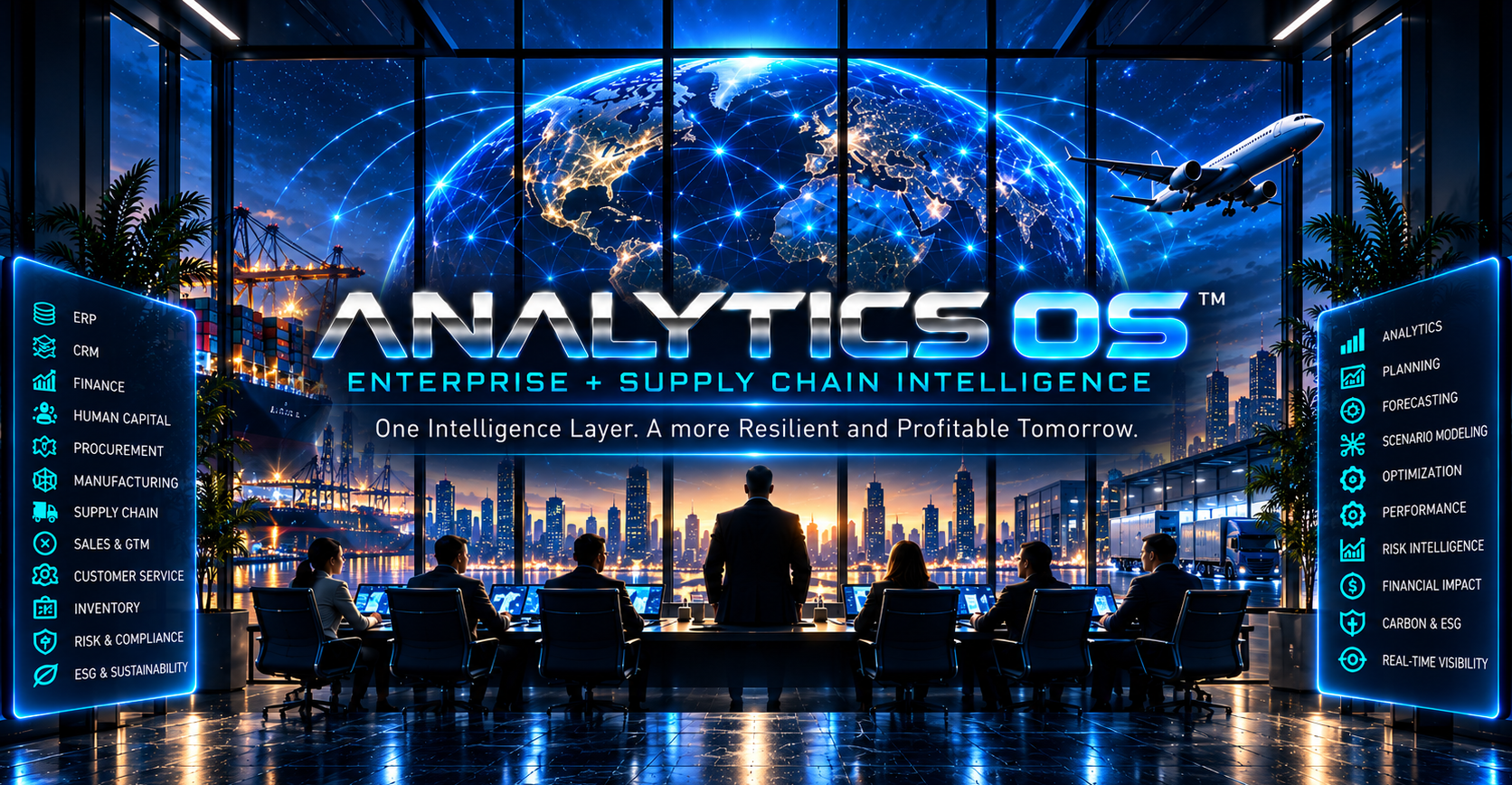 Analytics OS enterprise and supply-chain intelligence command center connecting enterprise systems, global networks, analytics, planning, forecasting, optimization, performance, risk, and financial impact